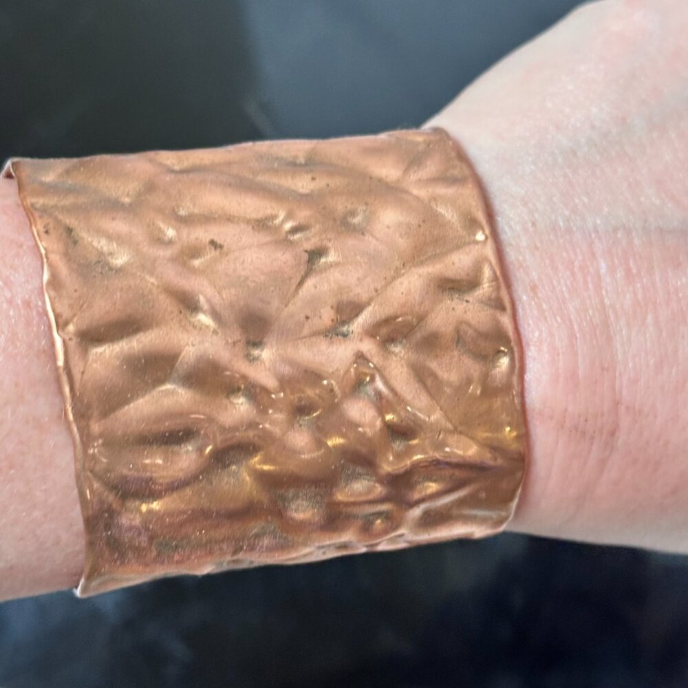 Solid Copper Cuff Bracelet Brutalist Modernist Handmade Statement Rustic Crinkle - Picture 12 of 13